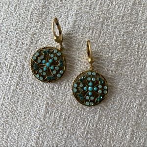 Green teal gold mini medallion dangle earrings